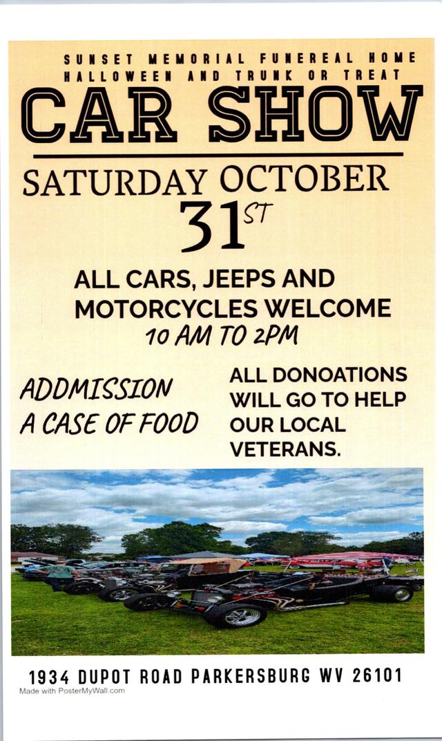 Sunset Memorial Funeral Home 3rd Annual Car Show and Trunk or Treat.